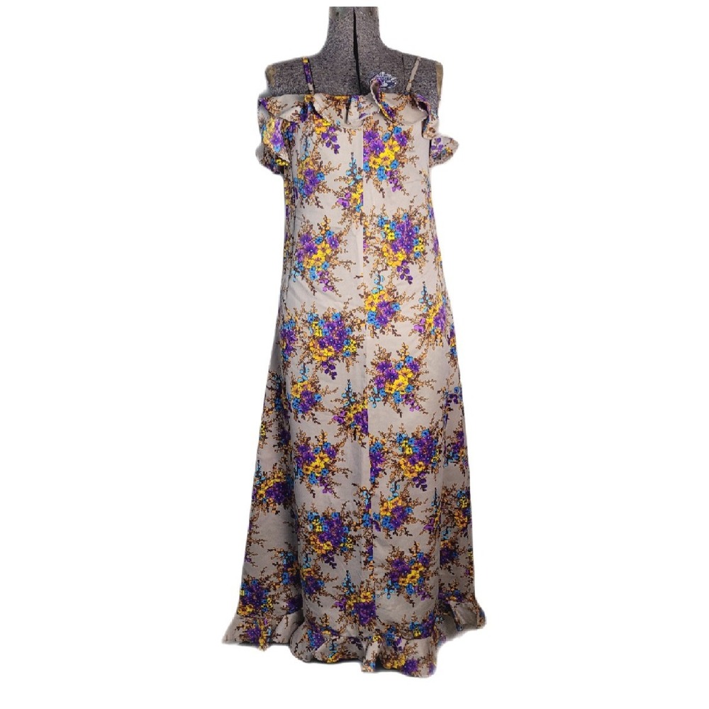 Vintage 60s 70s Handmade Maxi Dress Beige Floral Ruffles Purple‎ Yellow S